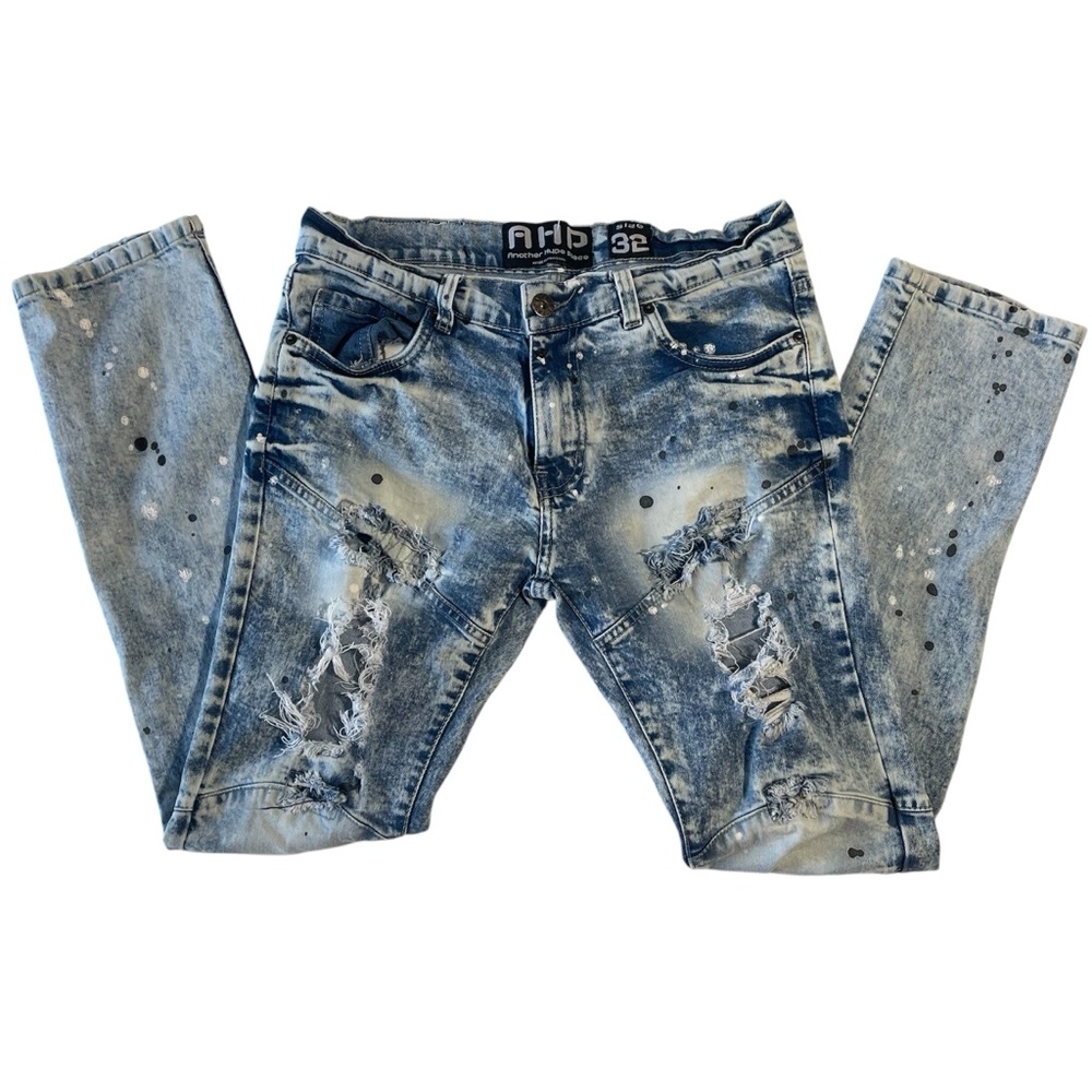 AHP Another Hype Piece Street Wear Acid Distressed Paint Splattered Denim Jeans